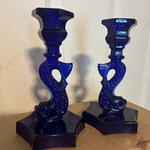 Elegant Blue Glass Koi Fish Candle Holders